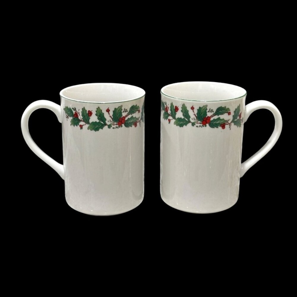 Two NOEL Japan Christmas Coffee Mugs Holly and Berries Red Green Vintage Holiday